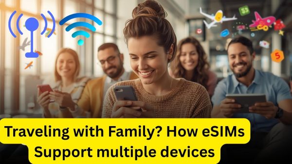 Young woman using smartphone with her family in the background, all connected through eSIM technology while traveling.
