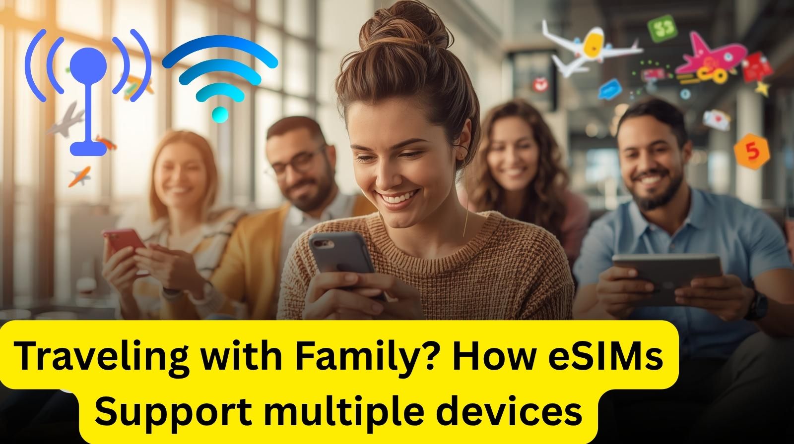 Young woman using smartphone with her family in the background, all connected through eSIM technology while traveling.