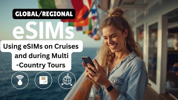 Young woman using smartphone with a cruise ship in the background, showing seamless eSIM connectivity during international travel.