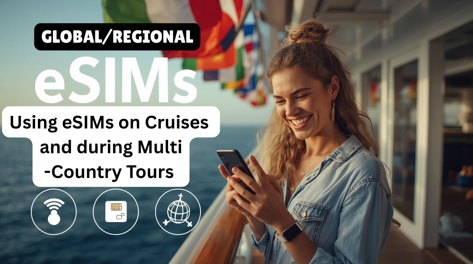 Young woman using smartphone with a cruise ship in the background, showing seamless eSIM connectivity during international travel.