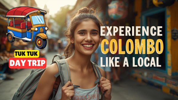 Excited young woman enjoying a tuk-tuk ride through the colorful streets of Colombo on a local day tour.