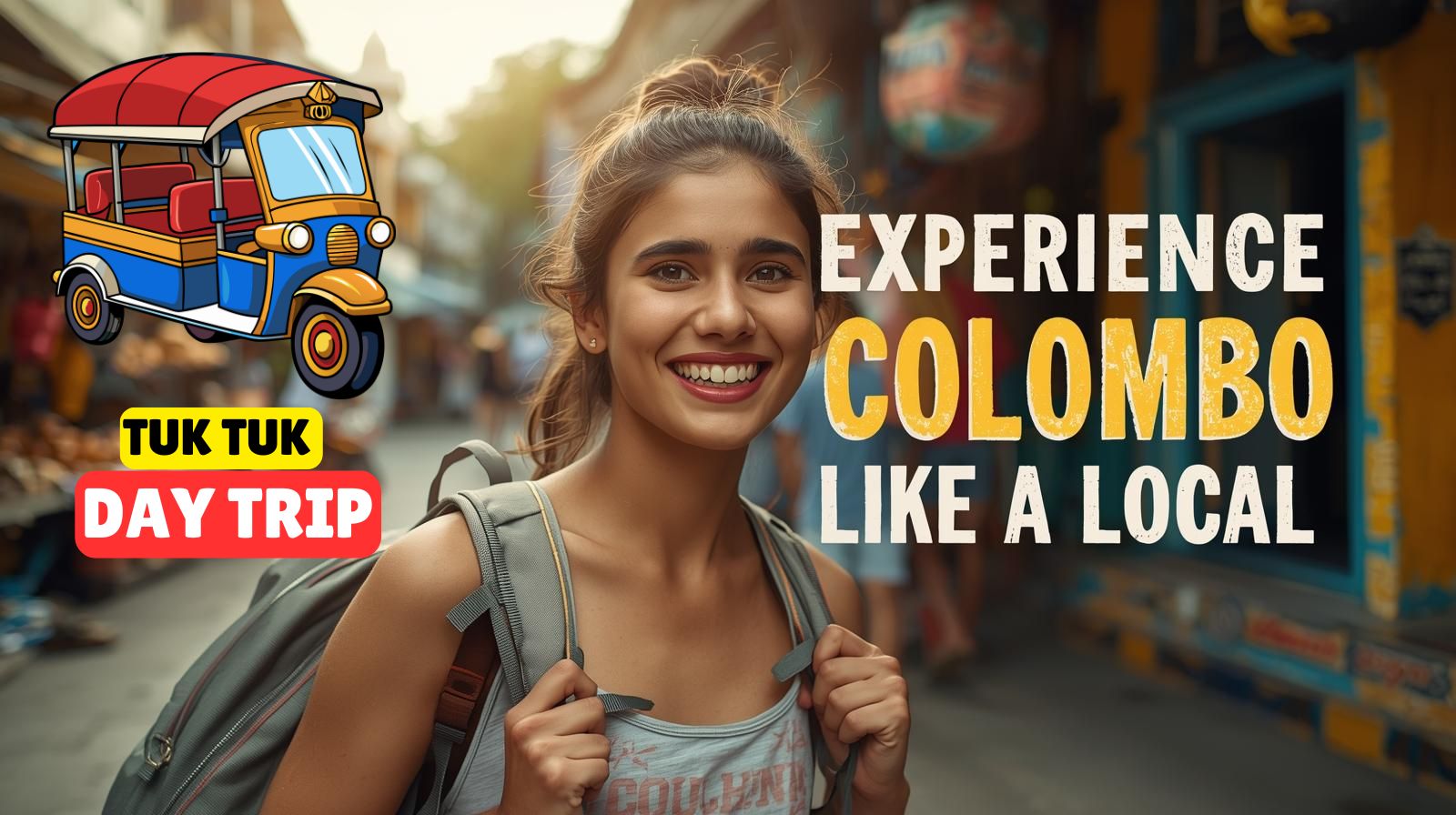 Excited young woman enjoying a tuk-tuk ride through the colorful streets of Colombo on a local day tour.