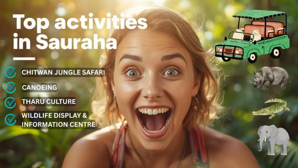 Excited woman enjoying top tourist activities in Sauraha, Nepal.