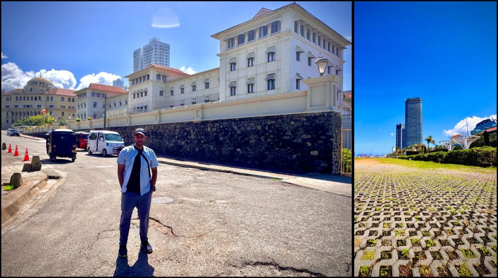 Split image showing two scenic views of Galle Face Green with a person enjoying the seaside promenade.