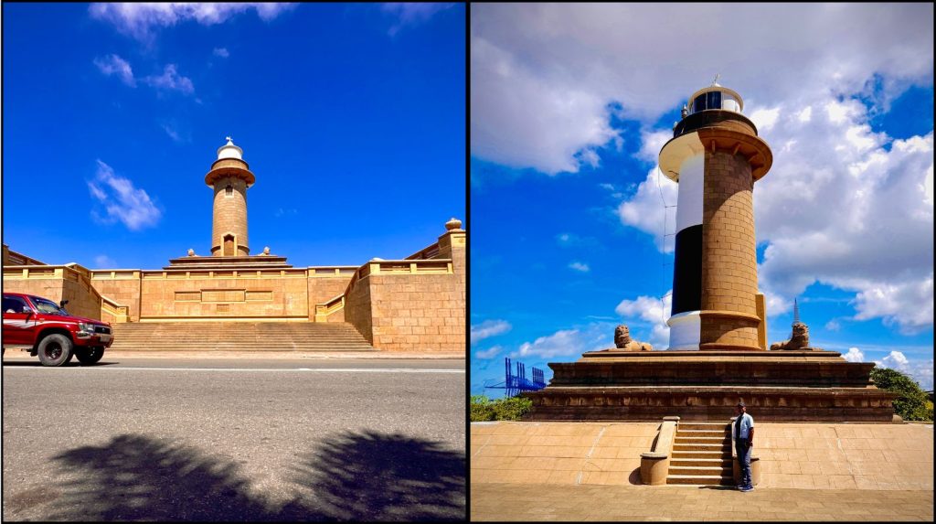 Split image showing Colombo Lighthouse with a person on one side and a different angle of the lighthouse on the other.