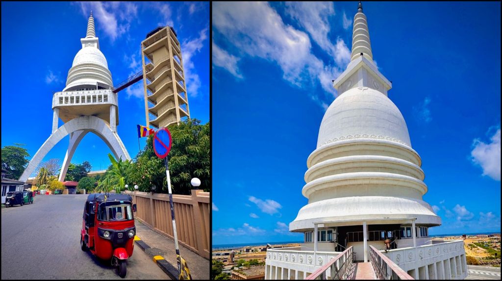 Split image showing two different views of the Sambodhi Pagoda Temple in Colombo with its unique elevated structure.