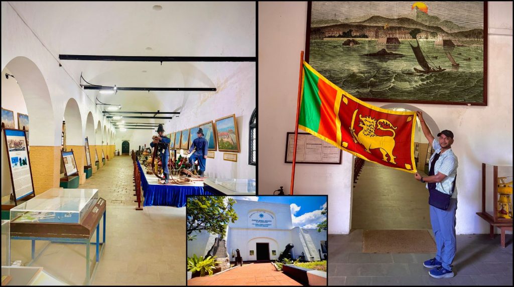 Split image showing Colombo Port Museum interiors on one side and a person with Sri Lankan flag at the entrance.