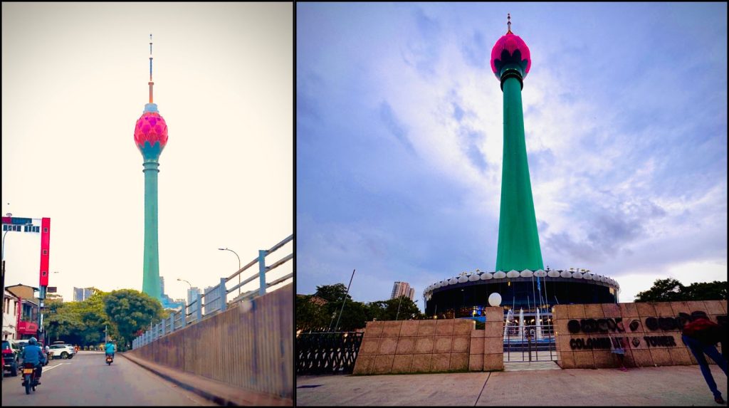 Split image showing two different views of the Lotus Tower in Colombo taken from separate locations.