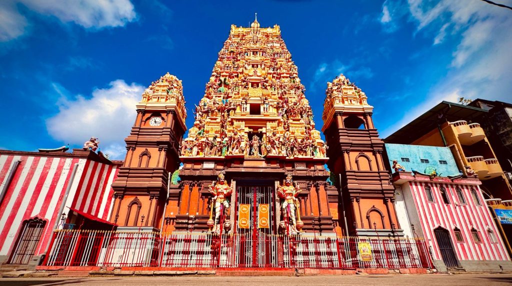 Colorful exterior of Kailasanathan Temple, a historic Hindu shrine in Colombo dedicated to Lord Shiva.
