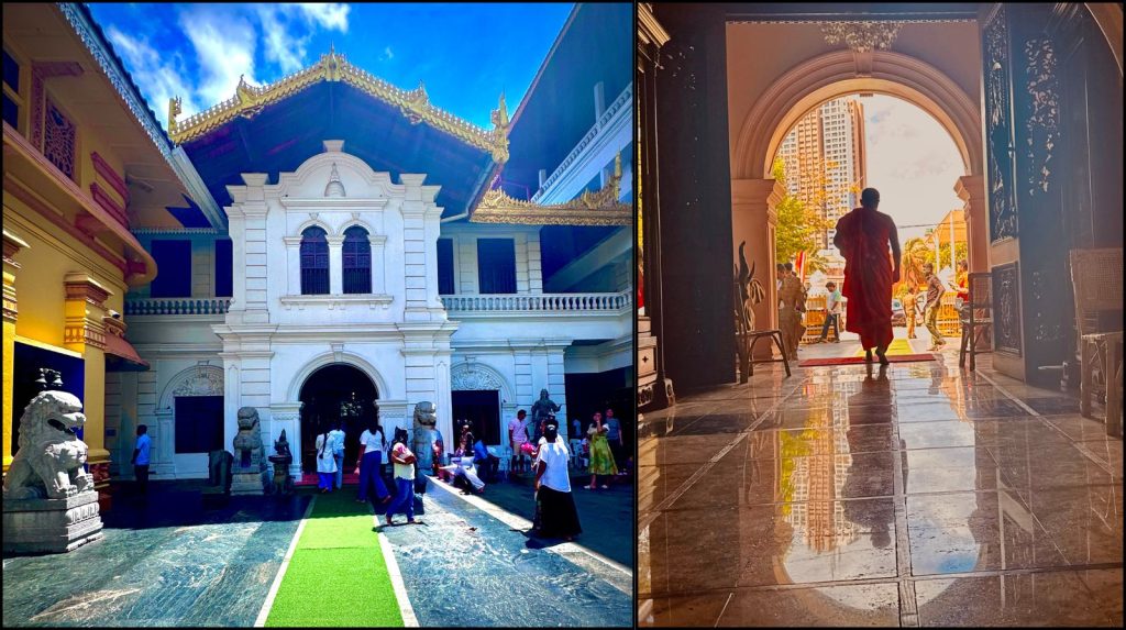 Exterior view of Gangaramaya Temple in Colombo with ornate architecture and calm surroundings.