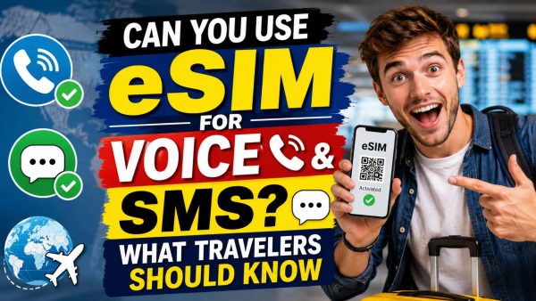 Excited male traveler holds an activated eSIM phone beside bold text explaining voice and SMS support for travelers in an airport setting.