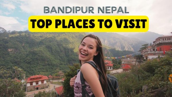 Excited woman traveler enjoying the beautiful landscape of Bandipur Nepal, showcasing top places to visit and scenic mountain views.