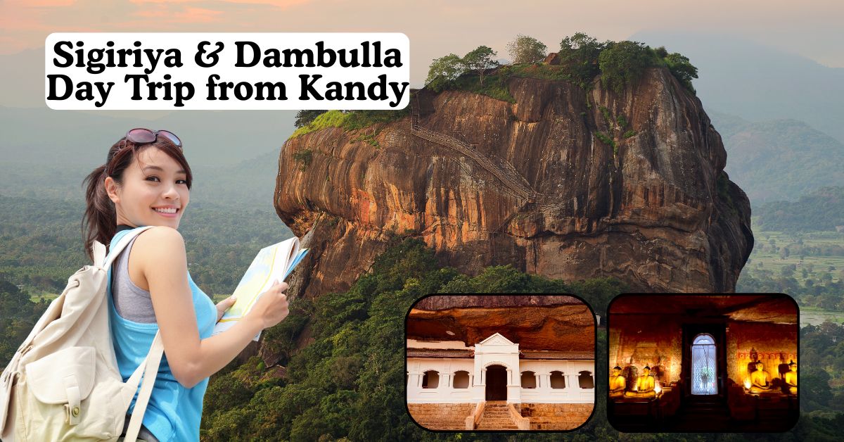 Excited woman traveler enjoying a Kandy to Sigiriya and Dambulla day trip with Sigiriya Rock Fortress in the background and Dambulla Cave Temple on the right.