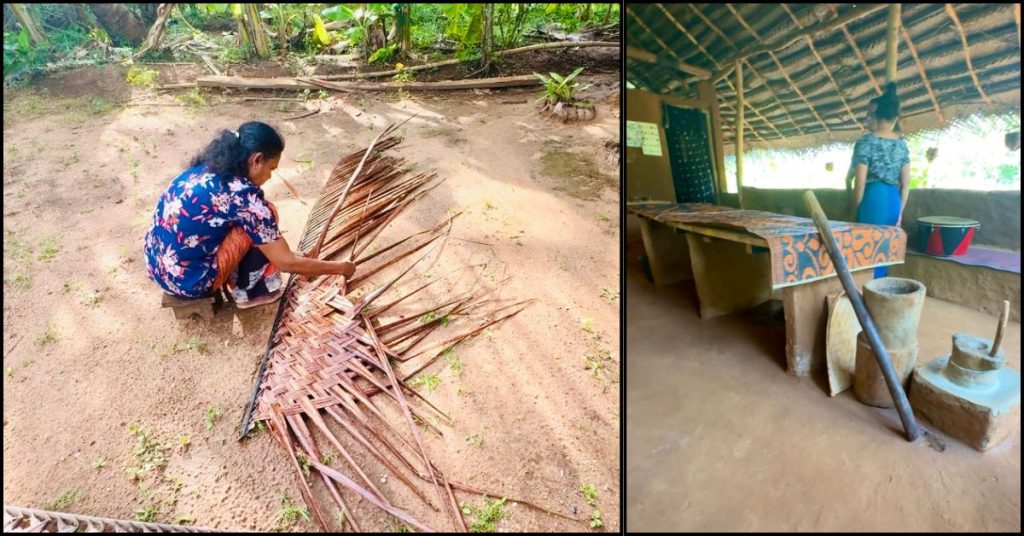 Split image: left shows a village woman weaving palm leaves, right shows the inside of a traditional home in Hiriwadunna, Sri Lanka.