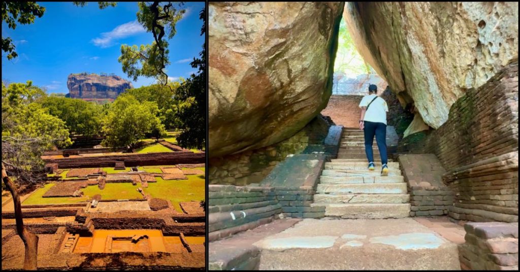 Split image showing distant Sigiriya Fortress landscape on left and a person climbing the fortress on the right.