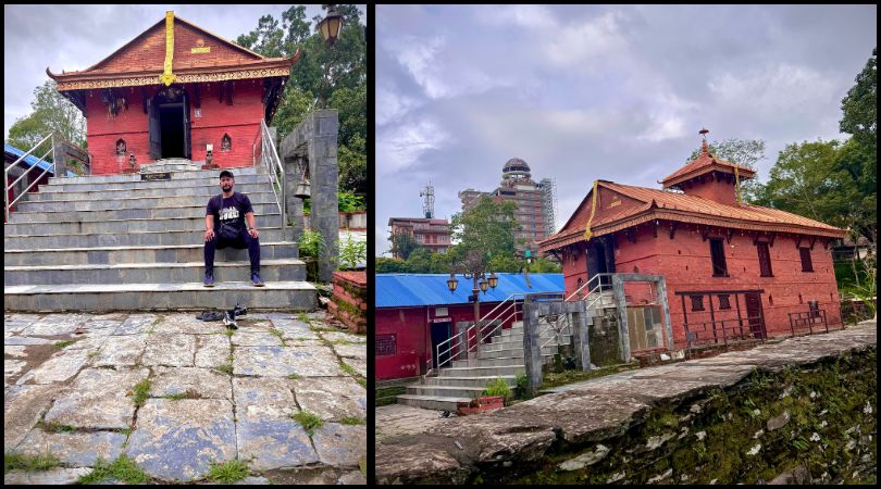 Khadga Devi Temple in Bandipur shown from two angles, highlighting its wooden pagoda architecture and intricate carvings.