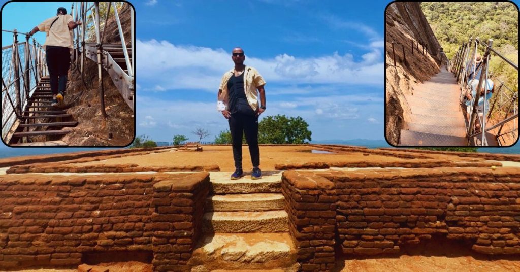 Three scenes show steep Sigiriya fortress stairs, a person standing atop the summit, and high stairs ascending sharply.