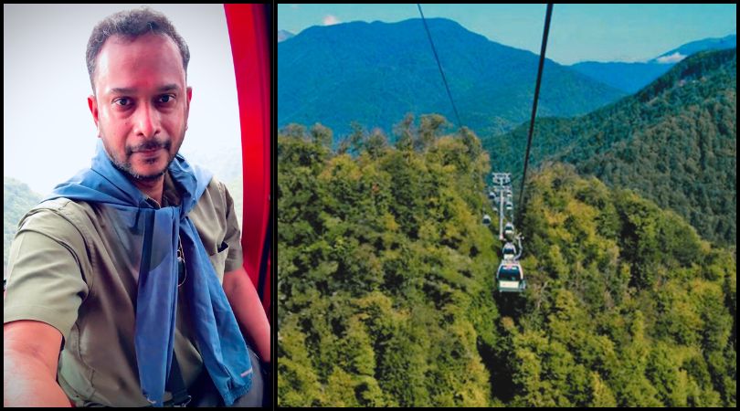 Split image showing a man inside a Bandipur cable car and a landscape view of multiple cable cars in Nepal.