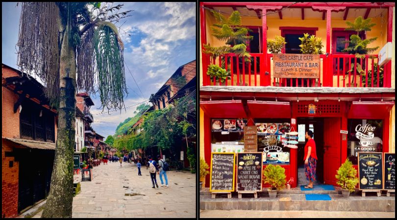 Split image showing a narrow path in Bandipur market and an open shop with a lady shopkeeper at the gate.
