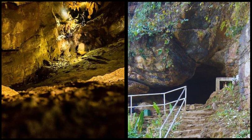 Split image showing Siddha Gufa cave interior on the left and the cave entrance on the right near Bandipur, Nepal.