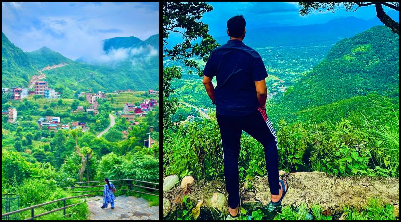 Scenic split view of Bandipur’s landscape in Nepal with a traveler admiring the hills and village scenery on both sides.