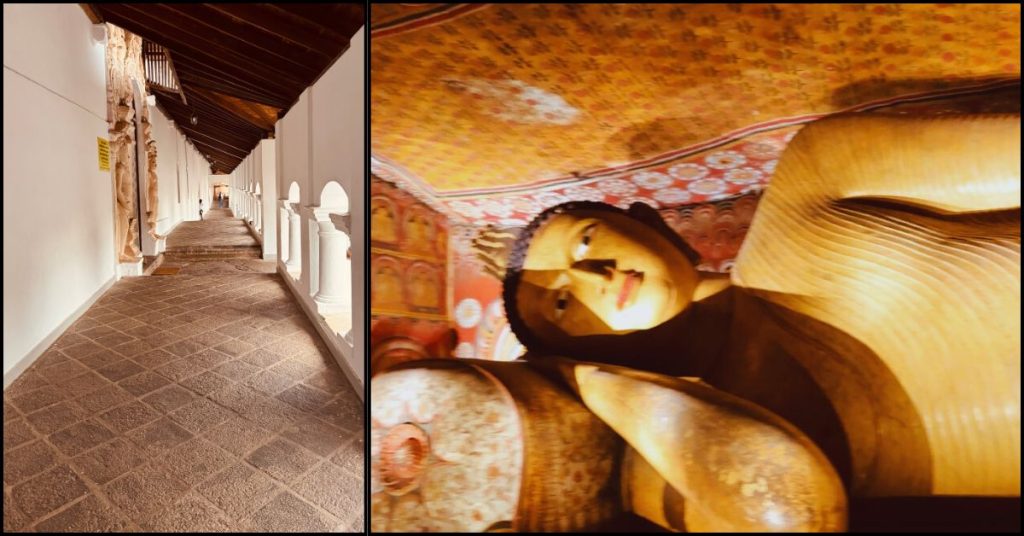 Split image with right showing inside Dambulla Cave and reclining Buddha statue; left showing symmetric passage walkway of the cave.