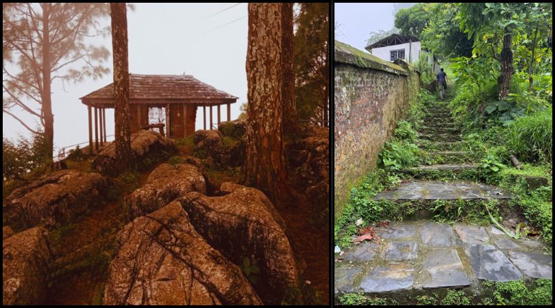 Split image showing the top of Thani Mayi Temple on the left and a man climbing the stairs to the temple on the right near Bandipur, Nepal.