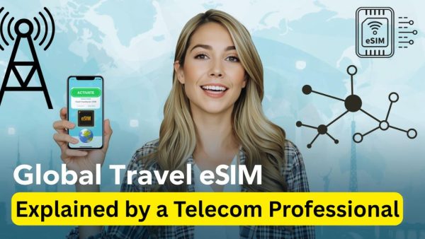 Young woman holding smartphone with subtitle “Global Travel eSIM Explained by a Telecom Professional.