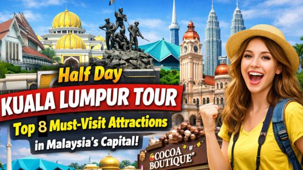 Excited young female traveler exploring Kuala Lumpur’s top attractions during a half-day city tour.