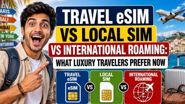 Young luxury traveler comparing travel eSIM, local SIM card, and international roaming options while using smartphone at an international airport.