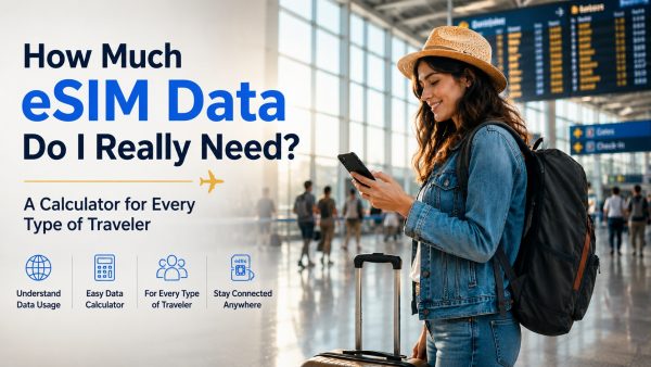International traveller using an eSIM at an airport before departure