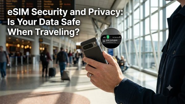 A traveler holding a modern smartphone in a bright airport terminal with the blog title "eSIM Security and Privacy: Is Your Data Safe When Traveling?" displayed in bold modern typography.