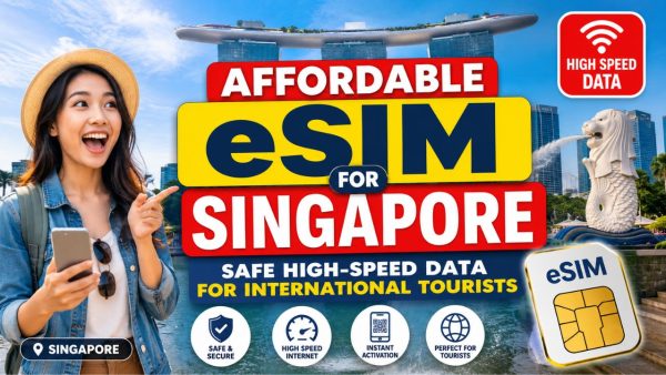 Blog thumbnail showing an excited traveler promoting affordable Singapore eSIM with safe high-speed data, instant activation, secure connectivity, and tourist-friendly mobile internet.