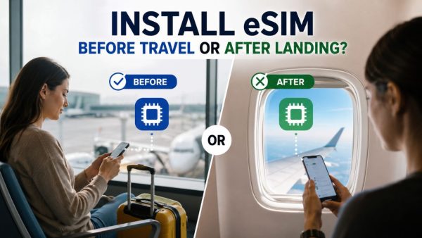 Traveler using a smartphone to install an eSIM before departure or after landing.