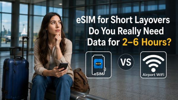 Traveler at an airport using a smartphone during a short layover, comparing eSIM data with airport WiFi for 2–6 hours.