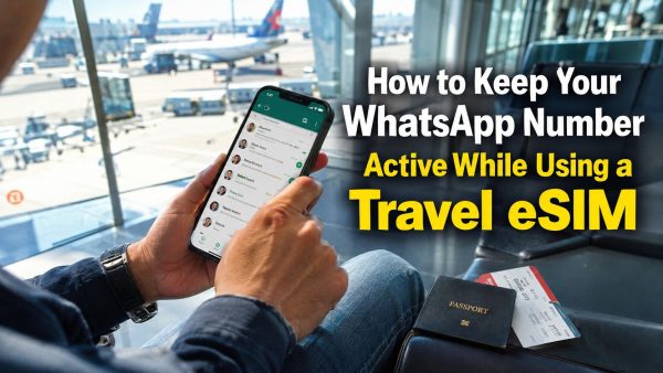 A traveler holding a smartphone with a messaging app at an airport gate, featuring the title How to Keep Your WhatsApp Number Active While Using a Travel eSIM.