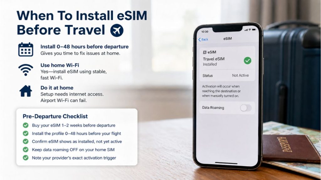 Hubbing Ecom Pvt Ltd | Should I Install My eSIM Before Travel or After Landing? The Complete Answer