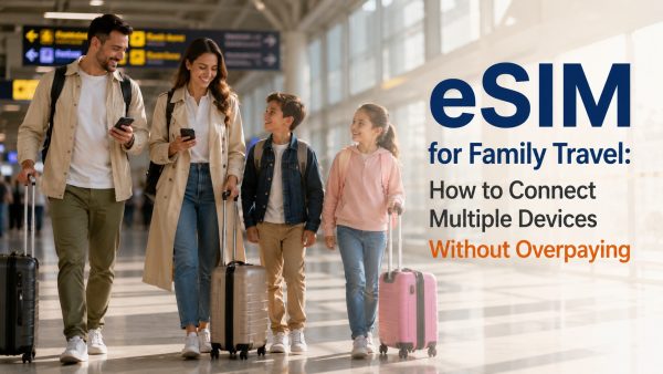 A family walking through an airport terminal with luggage, with text reading eSIM for Family Travel: How to Connect Multiple Devices Without Overpaying.