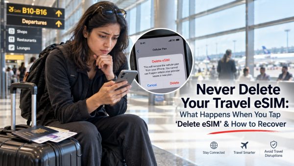 An international traveler holding a smartphone showing an eSIM deletion warning prompt at an airport terminal, with blog title text overlay.