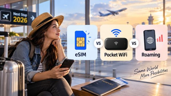 Traveler comparing eSIM, Pocket WiFi, and international roaming for a 2026 trip.