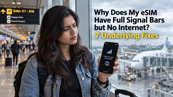 A traveler holding a smartphone at an airport showing full signal bars but no internet connection, with title text reading Why Does My eSIM Have Full Signal Bars but No Internet? 7 Underlying Fixes.