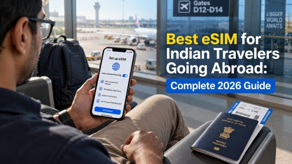 An Indian traveler at an international airport holding a smartphone with an Indian passport on the seat, featuring the title Best eSIM for Indian Travelers Going Abroad: Complete 2026 Guide.