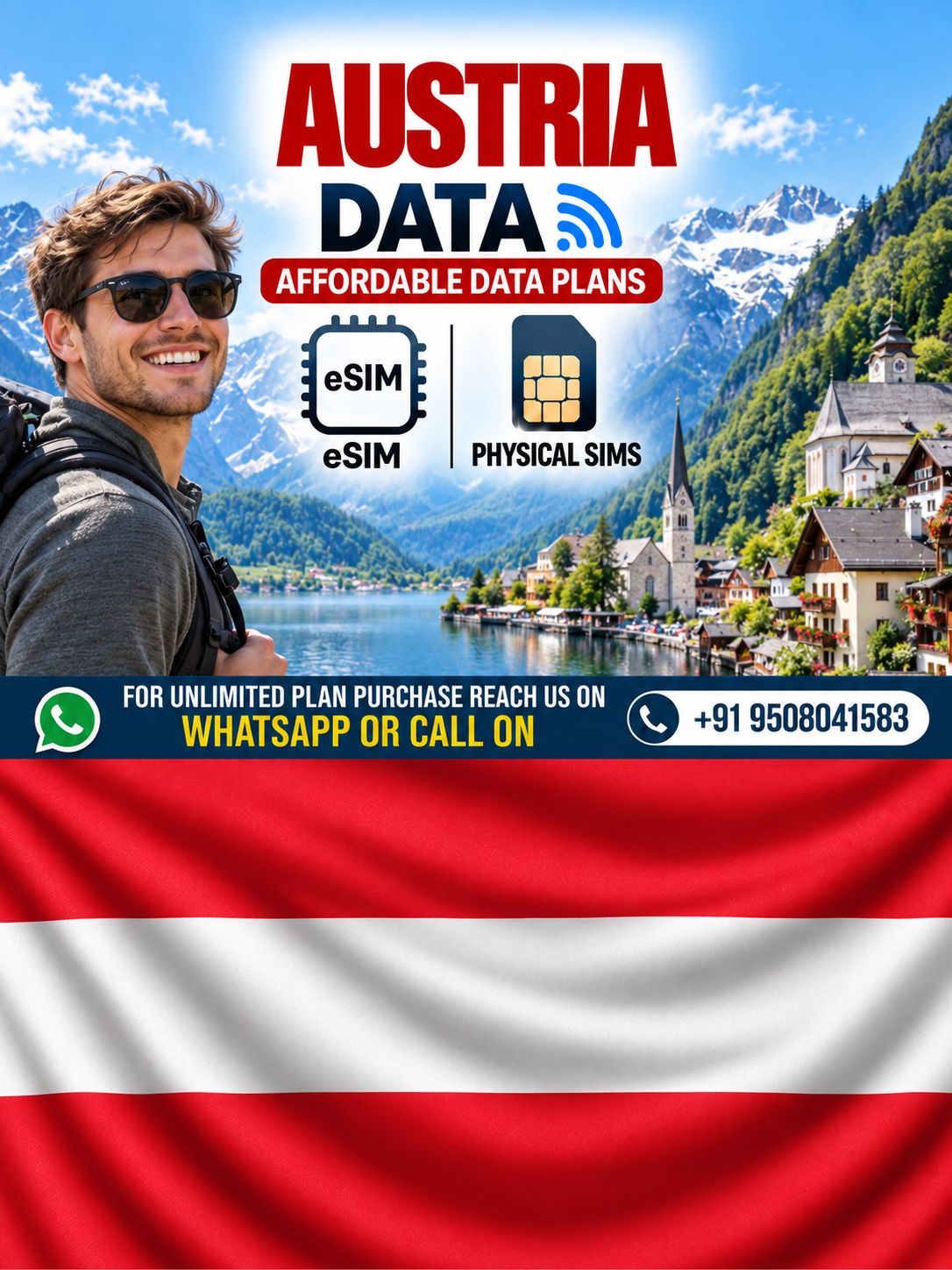 Austria Data Plans – eSIM & Physical SIM Austria travel eSIM and physical SIM data plans with an alpine lake, mountains, village, and young male traveler