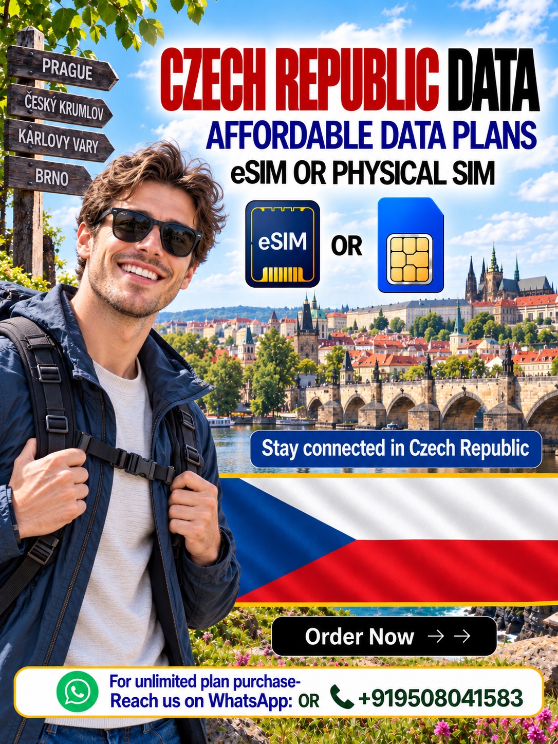 Czech Republic Data eSIM & Physical SIM for Travelers Czech Republic data eSIM and physical SIM plans for travelers, featuring Prague landmarks, a European tourist, and affordable connectivity options.