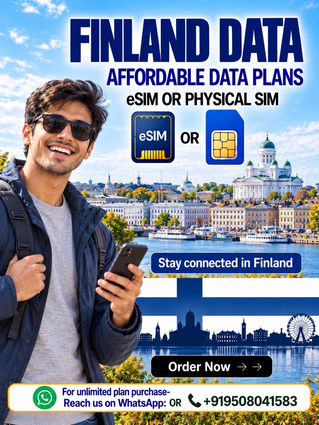 Finland Data eSIM and Physical SIM | Affordable Travel Data Finland data eSIM and physical SIM for affordable travel connectivity in Helsinki, featuring a young Indian traveler.