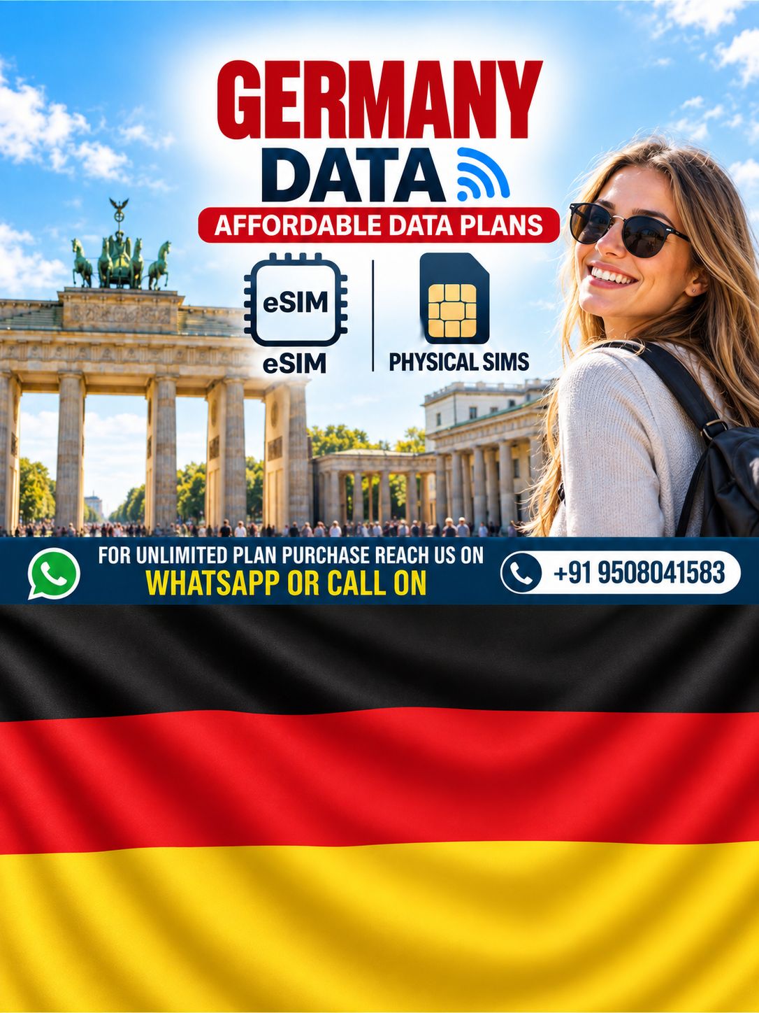Germany eSIM & Physical SIM Data Plans Germany eSIM and physical SIM data plans with Brandenburg Gate and a European female traveler.