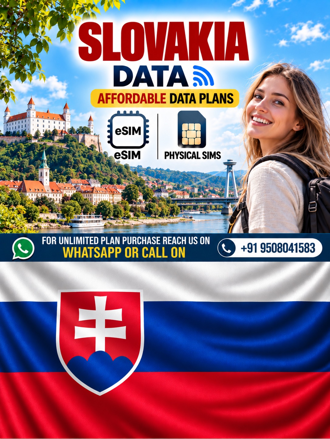 Slovakia Data eSIM & Physical SIM Cards for Travelers Slovakia data eSIM and physical SIM plans featuring Bratislava landmarks, a female traveler, affordable data options, and Slovakia’s national flag.