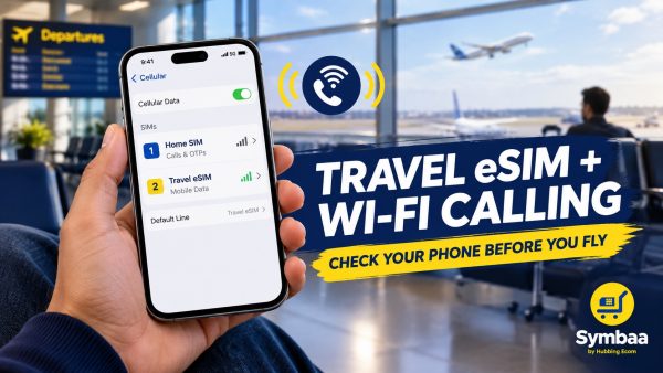Traveller checks home SIM, travel eSIM, and Wi-Fi Calling settings before an international flight.