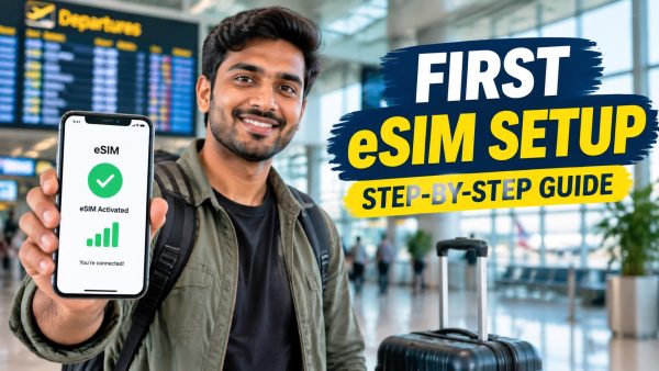 Smiling traveler holding a phone displaying “eSIM Activated” at an airport, beside “First eSIM Setup: Step-by-Step Guide” text.