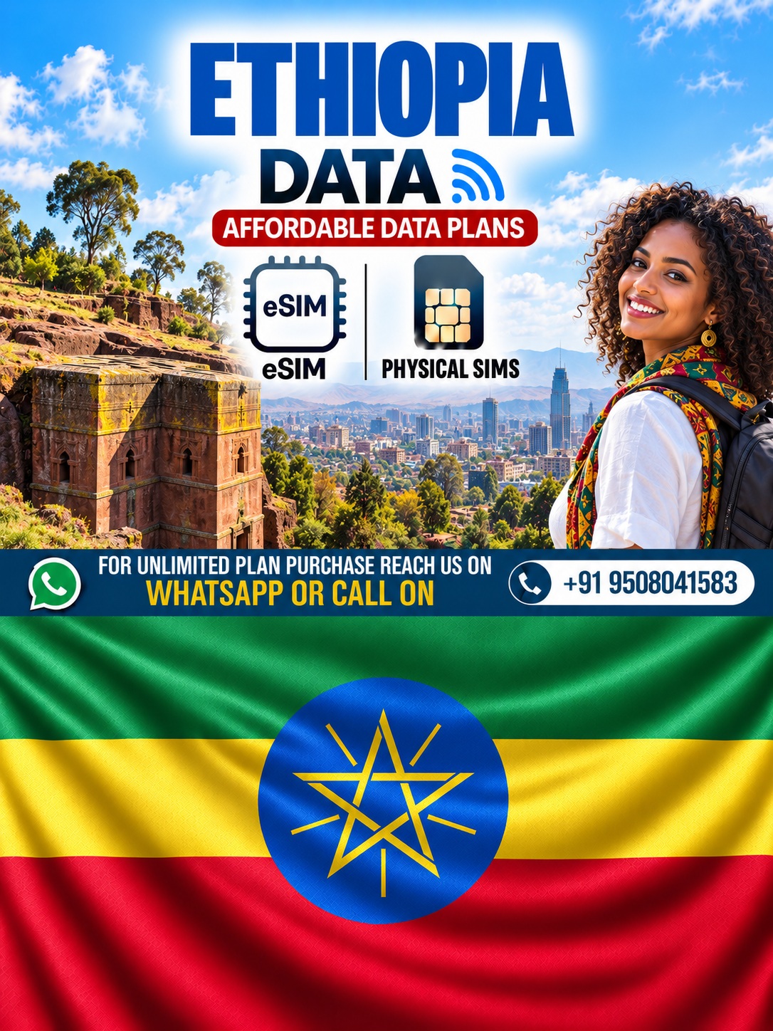 Ethiopia Data Plans – eSIM and Physical SIM for Travelers Ethiopia data plans featuring a young Ethiopian female traveler, eSIM and physical SIM options, Addis Ababa skyline, Lalibela church, and Ethiopian flag.